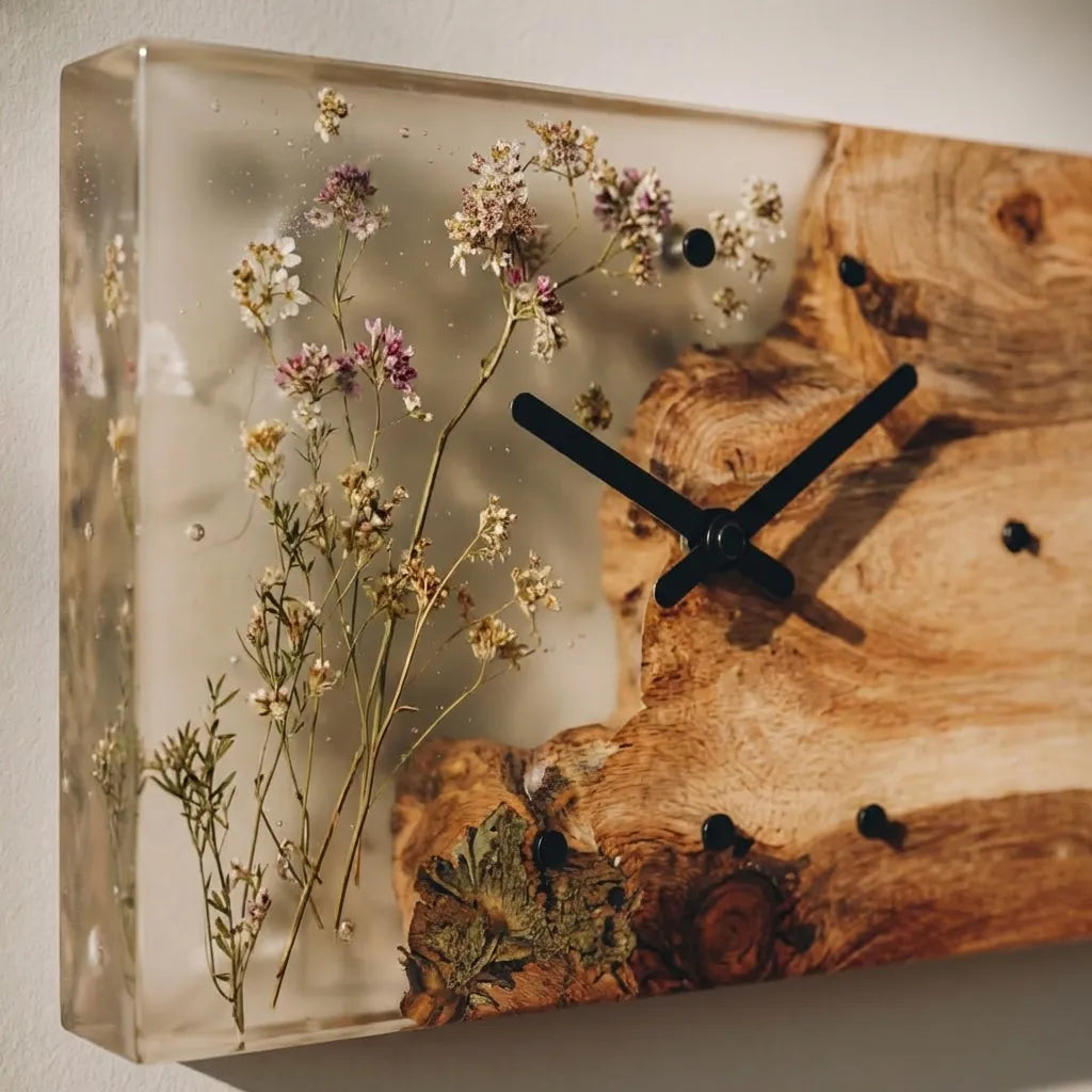 Rectangular Wooden Resin Wall Clock With Botanical Detail