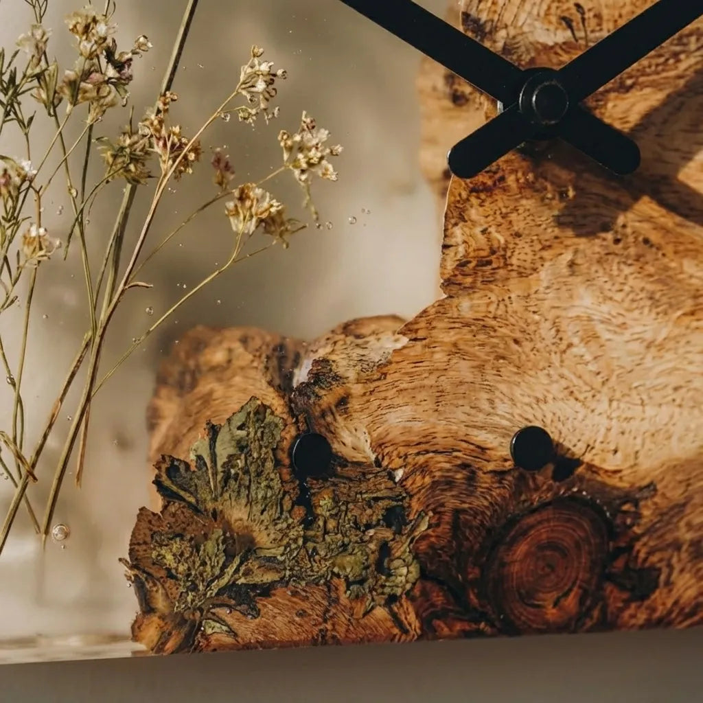 Rectangular Wooden Resin Wall Clock With Botanical Detail