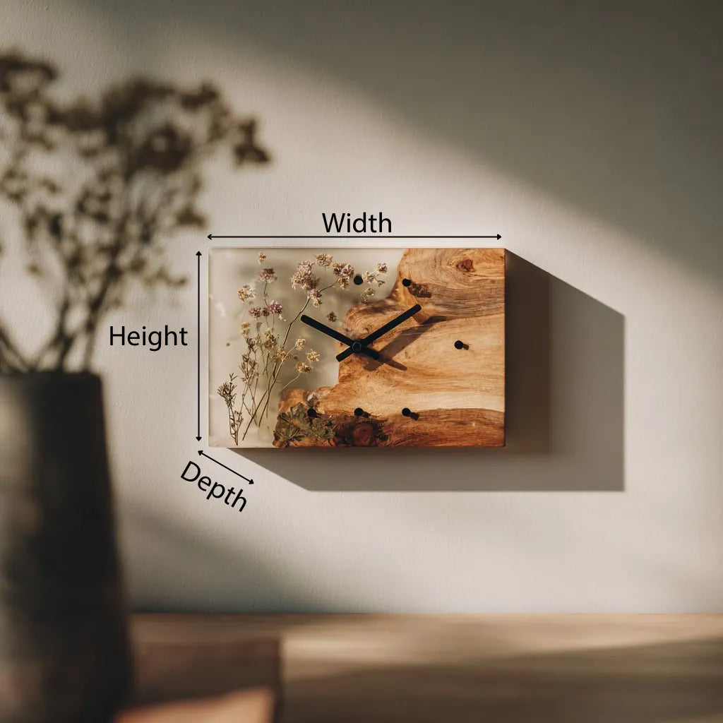Rectangular Wooden Resin Wall Clock With Botanical Detail