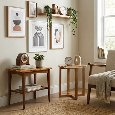 How to Style Wooden Side Tables With Clocks, Wall Arts, and Shelves
