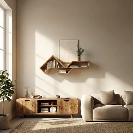 Asymmetrical Wooden Floating Wall Shelf With Multi Level Display