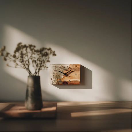 Rectangular Wooden Resin Wall Clock With Botanical Detail