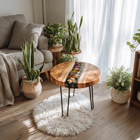 Round Wood Resin River Side Table With Botanical Inlay