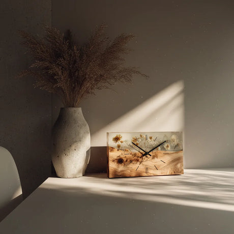 Wooden Resin Desk Clock With Botanical Detail